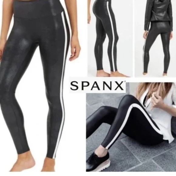 Spanx Black Faux Leather Side Stripe High Waist Leggings Large - Picture 3 of 17